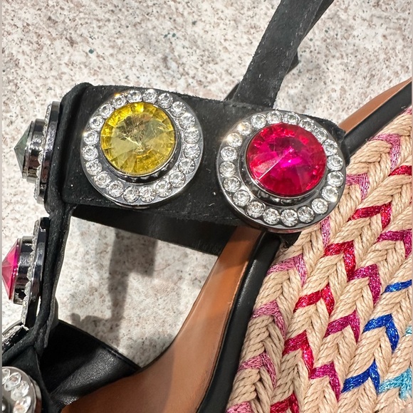 KURT GEIGER ~ Colorful Gemstone Embellished Black Wedge Espadrilles size 9.5 - Picture 3 of 10